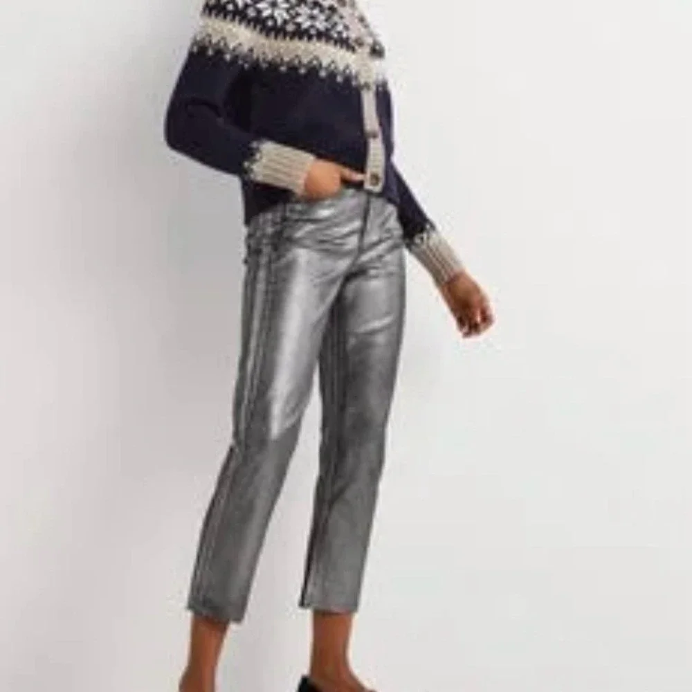 Boden High Rise Straight Leg Metallic Silver Foil Ankle Jeans Statement NWT 12